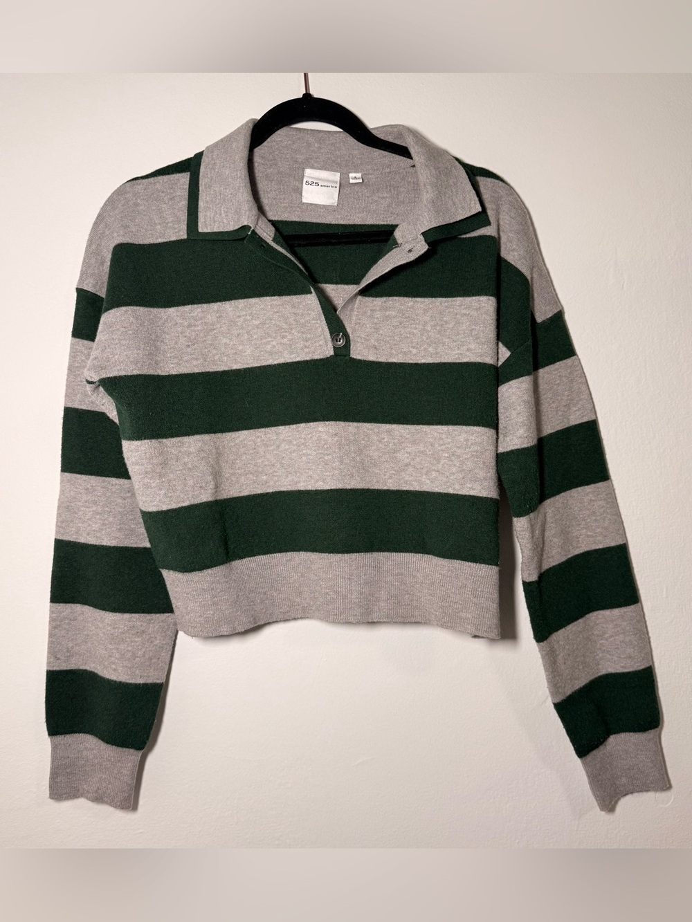 525 America Grey and Green Striped Cropped Polo Sweater size small S